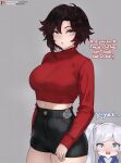  2girls absurdres alternate_breast_size alternate_costume black_shorts bluefield breasts casual grey_eyes highres large_breasts long_sleeves multiple_girls parted_lips red_shirt ruby_rose rwby shirt short_hair short_shorts shorts solo_focus turtleneck weiss_schnee 