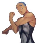  1boy alternate_costume artist_request bare_arms biceps closed_mouth dark-skinned_male dark_skin grey_male_swimwear hand_up highres iscan_(pokemon) looking_down male_focus male_swimwear pokemon pokemon_(game) pokemon_legends:_arceus short_hair simple_background smile solo stretching upper_body very_short_hair white_background 