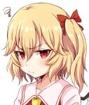  1girl bangs blonde_hair bow closed_mouth collarbone commentary_request fang fang_out flandre_scarlet frown hair_between_eyes hair_bow looking_at_viewer naname_ushiro one_side_up red_bow red_eyes short_hair simple_background solo squiggle touhou upper_body v-shaped_eyebrows white_background wings 