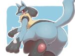  &lt;3 absurd_res ambiguous_gender anthro biped black_body blue_body blush border butt generation_4_pokemon hi_res lucario nintendo pokemon pokemon_(species) question_mark red_eyes simple_background solo tan_body tomochan white_border 