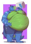  5_fingers 5_toes alistair_(hugefatfat) anthro belly beverage big_belly bloated blue_body blue_bottomwear blue_clothing blue_shorts bottomwear claws clothing cream_(food) darksidesf dinosaur drinking drinking_milk fangs feet fingers green_belly hand_on_stomach hi_res holding_beverage holding_jug holding_object male moobs obese obese_anthro obese_male overweight overweight_anthro overweight_male reptile scalie sequence shadow shorts solo standing striped_arms teeth thick_thighs toes torn_bottomwear torn_clothing torn_shorts weight_gain 