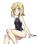  1girl alternate_costume arm_support artist_request bangs bare_arms bare_legs black_one-piece_swimsuit blonde_hair blue_eyes closed_mouth eyelashes from_below highres invisible_chair irida_(pokemon) knees looking_at_viewer looking_down medium_hair one-piece_swimsuit pokemon pokemon_(game) pokemon_legends:_arceus simple_background sitting solo swimsuit white_background 