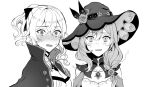  2girls asymmetrical_hair blush bow breasts butterfly_earrings capelet cleavage coat coat_on_shoulders commentary dress earrings embarrassed flower genshin_impact greyscale hair_between_eyes hair_bow hair_flower hair_ornament hair_over_shoulder hat hat_flower jean_(genshin_impact) jewelry lisa_(genshin_impact) looking_at_viewer medium_breasts medium_hair monochrome multiple_girls open_mouth ponytail sweatdrop upper_body vision_(genshin_impact) wavy_mouth witch_hat yamabuki0211 
