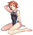  1girl alternate_costume arezu_(pokemon) arm_support artist_request bangs bare_arms bare_legs barefoot black_one-piece_swimsuit blush breasts brown_hair collarbone full_body grin hand_up head_tilt highres one-piece_swimsuit pokemon pokemon_(game) pokemon_legends:_arceus short_hair simple_background sitting sketch smile solo swimsuit white_background 
