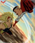  2boys armor bardock batm_andrew black_hair blonde_hair blue_eyes cape clenched_teeth cloud crossover dragon_ball dragon_ball_z facial_hair gloves grey_hair highres invincible_(series) male_focus multicolored_hair multiple_boys mustache nolan_grayson omniman red_cape red_gloves sky super_saiyan super_saiyan_1 superhero teeth trait_connection two-tone_hair watermark 