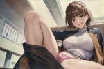  1girl braid brown_hair kagami_art looking_at_viewer niijima_makoto panties persona persona_5 persona_5_the_royal pink_panties red_eyes sitting sweat teasing underwear undressing wet wet_clothes wet_panties 