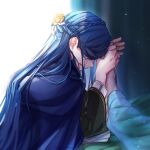  1girl backlighting blue_cape blue_hair braid cape clenched_teeth crown_braid crying flower from_side hair_flower hair_ornament hair_over_eyes highres honzuki_no_gekokujou indoors long_hair long_sleeves maine_(honzuki_no_gekokujou) profile san+ solo_focus tears teeth transparent very_long_hair yellow_flower 