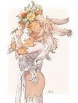  1girl animal_ears avatar_(ff14) bangs bouquet bracer breasts brown_eyes cleavage dark-skinned_female dark_skin final_fantasy final_fantasy_xiv from_side highres holding holding_bouquet kuroimori long_hair looking_at_viewer medium_breasts rabbit_ears simple_background solo thighhighs two-tone_background viera white_hair 