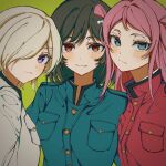  3girls blonde_hair blue_eyes breast_pocket buttons closed_mouth dark_green_hair fang green_background hair_over_one_eye halftone long_hair looking_at_viewer love_live! love_live!_nijigasaki_high_school_idol_club medium_hair mia_taylor mifune_shioriko mole mole_under_eye multiple_girls neko_raa_men pink_hair pocket purple_eyes red_eyes smile zhong_lanzhu 