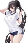  1girl :&lt; absurdres black_choker black_hair blue_archive blue_shorts blush breasts choker closed_mouth commentary cowboy_shot eyes_visible_through_hair hair_between_eyes hasumi_(blue_archive) hasumi_(gym_uniform)_(blue_archive) highres large_breasts long_hair looking_at_viewer mole mole_under_eye official_alternate_costume ponytail red_eyes shirt short_shorts short_sleeves shorts simple_background solo standing t-shirt thighs very_long_hair white_background white_shirt yuanqi_(chriu) 