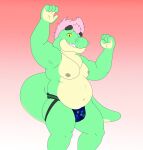  absurd_res alligator alligatorid anthro belly big_belly butt clothing crocodilian green_body hair hi_res jockstrap looking_at_viewer male moobs nipples overweight overweight_anthro overweight_male pink_hair pondart_studios reptile scalie simple_background smile solo underwear vic_(victorystarz) 