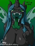  anthro arthropod big_breasts breasts changeling dialogue digital_media_(artwork) equid equine fangs female friendship_is_magic green_eyes hair hasbro hi_res looking_at_viewer mammal mouth_shot my_little_pony omny87 open_mouth queen_chrysalis_(mlp) simple_background smile solo teeth tongue tongue_out uvula wings 