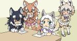 4girls afterimage alternate_design animal_ears aqua_eyes arm_at_side bangs black_hair blue_eyes blush brown_hair chibi closed_mouth commentary_request crossed_arms drawing dual_persona empty_eyes fang fang_out fur_collar gloom_(expression) gloves grey_wolf_(kemono_friends) hair_between_eyes hand_rest hand_up heterochromia holding holding_pencil jacket japanese_wolf_(kemono_friends) kemono_friends leaning_forward legs_apart light_brown_hair long_hair long_sleeves looking_at_another looking_at_object medium_hair microskirt motion_lines multicolored_hair multiple_girls necktie open_mouth orange_eyes paper parted_lips pencil plaid plaid_necktie plaid_skirt plaid_sleeves pleated_skirt red_eyes scarf shaded_face shoes short_sleeves sitting skirt srd_(srdsrd01) standing stress sweat sweatdrop tail tail_wagging tan thighhighs tundra_wolf_(kemono_friends) two-tone_hair v-shaped_eyebrows white_hair wolf_ears wolf_girl wolf_tail yellow_eyes zettai_ryouiki 