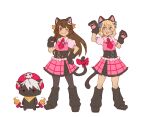  1boy 1girl 1other alternate_costume animal_ears animal_hands aqua_eyes black_cat black_pantyhose blonde_hair blue_bow bow bridget_(guilty_gear) brown_eyes brown_hair cat cat_ears cat_paws cat_tail chipp_zanuff cosplay crossover dress frilled_dress frills full_body guilty_gear guilty_gear_strive hair_bow hair_ornament highres jibanyan kuronyan_(youkai_watch) leg_warmers long_hair looking_at_viewer male_focus may_(guilty_gear) medium_hair mil17459623 nyaakb one_eye_closed orange_bow otoko_no_ko pantyhose paw_pose pink_dress pink_headwear puffy_short_sleeves puffy_sleeves short_sleeves skull_and_crossbones standing tail tail_bow tail_ornament traditional_youkai youkai_watch 