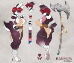  5_fingers anthro big_breasts biped blue_eyes breasts claws color_swatch countershade_face countershade_torso countershading digitigrade extremedash female fingers hair hi_res lagomorph luckypan mammal model_sheet open_mouth pawpads paws ransom_(extremedash) smile solo standing tail tongue tongue_out weapon 