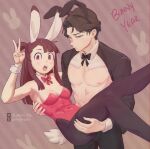  1boy 1girl andrew_hanbridge animal_ears black_hair black_pantyhose blush bow bowtie breasts brown_hair carrying chinese_zodiac cleavage closed_mouth covered_navel fake_animal_ears green_eyes highres kagari_atsuko leotard little_witch_academia long_hair looking_at_viewer marii_pily open_mouth pantyhose princess_carry rabbit_ears rabbit_girl rabbit_tail red_bow red_bowtie red_eyes red_leotard short_hair small_breasts tail v year_of_the_rabbit 