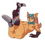  angela_cross anthro blue_eyes boots brown_markings clothing female footwear fur garbatge genitals gloves hair handwear hi_res lombax mammal markings nipples orange_body orange_fur ponytail pussy raised_leg ratchet_and_clank smile solo sony_corporation sony_interactive_entertainment 