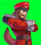  1girl brown_hair commentary_request cosplay crossed_arms dated dog_girl dog_tail fangs green_background haruyama_kazunori hat highres hololive inugami_korone long_sleeves looking_at_viewer m_bison m_bison_(cosplay) military military_uniform open_mouth peaked_cap red_headwear short_hair simple_background solo street_fighter tail teeth twitter_username uniform 