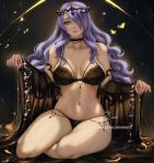  1girl black_panties breasts camilla_(fire_emblem) cleavage fire_emblem fire_emblem_fates hair_over_one_eye large_breasts lingerie lips long_hair looking_at_viewer navel panties purple_eyes purple_hair smile solo thighs tiara underwear very_long_hair wavy_hair wei_(promise_0820) 