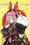  1girl 2023 ahase_hino angora_rabbit animal animal_ears animal_in_clothes blue_eyes blush charm_(object) chinese_zodiac collar_tug fake_animal_ears fang grey_hair hair_ornament hair_rings hairclip happy_new_year head-mounted_display high_collar highres hood hoodie jitome layered_sleeves long_hair multicolored_hair new_year open_mouth original pink_hair rabbit rabbit_ears see-through see-through_sleeves smile solo streaked_hair translation_request twintails two-tone_hair very_long_hair year_of_the_rabbit 