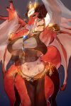  anthro armlet big_breasts blue_eyes bottomwear breasts clothed clothing curved_horn dragon female harem_outfit hi_res horn horn_jewelry jewelry loincloth looking_at_viewer membrane_(anatomy) membranous_wings midriff navel necklace open_mouth partially_clothed red_body red_scales scales scalie solo tail tetto thick_tail translucent veil wide_hips wings 