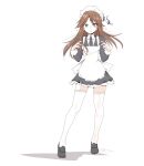  1girl alternate_costume apron arashio_(kancolle) black_dress black_necktie brown_eyes brown_hair collared_shirt dress enmaided frilled_apron frilled_dress frills full_body highres holding holding_tray kantai_collection long_hair long_sleeves maid maid_apron maid_headdress necktie puffy_long_sleeves puffy_sleeves shadow shirt simple_background solo tada thighhighs tray white_apron white_background white_thighhighs 