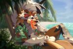 aloha_shirt animal_genitalia anthro balls beach beach_chair beverage bottomless canid canine claws clothed clothing day drinking exodus_the_emperor eyewear fur generation_7_pokemon genitals glasses hair hi_res looking_at_viewer lycanroc male mammal midnight_lycanroc nintendo open_clothing open_shirt open_topwear orange_body orange_fur outside palm_tree pattern_clothing pattern_shirt pattern_topwear penis penis_tip plant pokemon pokemon_(species) red_eyes sea seaside sheath shirt solo sunglasses tenebscuro topwear tree tropical water white_body white_fur white_hair 