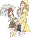  2girls bangs blonde_hair boots bright_pupils brown_eyes brown_hair brown_overalls collarbone denim denim_shorts feet_out_of_frame gekota green_footwear hair_ornament hairclip holding holding_stuffed_toy holding_umbrella hood hood_up long_hair looking_at_viewer medium_hair misaka_mikoto multiple_girls overalls pants pants_rolled_up pepo_peropero rubber_boots shirt shokuhou_misaki shorts smile sparkling_eyes standing star-shaped_pupils star_(symbol) stuffed_animal stuffed_frog stuffed_toy symbol-shaped_pupils toaru_kagaku_no_mental_out toaru_kagaku_no_railgun toaru_majutsu_no_index umbrella white_background white_shirt yellow_pupils yellow_raincoat 