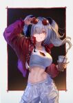  1girl absurdres animal_ears arknights bangs breasts bubble_tea commentary cowboy_shot crop_top cup disposable_cup eyewear_on_head feater_(arknights) feater_(gourmet)_(arknights) grey_hair grin highres holding holding_cup jacket large_breasts long_hair looking_at_viewer midriff navel official_alternate_costume one_eye_closed open_clothes open_jacket panda_ears pants red_jacket round_eyewear smile solo standing stomach sunglasses tank_top twintails white_pants white_tank_top yasu_(segawahiroyasu) yellow_eyes 