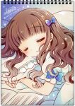  1girl bangs blue_bow blush book bow brown_hair closed_eyes dated facing_away frilled_pillow frills hair_bow higanbana_no_saku_yoru_ni kusunoki_midori lying open_book pajamas parted_lips pillow puffy_short_sleeves puffy_sleeves sakurazawa_izumi shirt short_sleeves signature sleeping solo translation_request under_covers upper_body white_pajamas white_shirt 