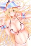  1girl bangs bare_shoulders blonde_hair blush blush_stickers breasts calcio choker cleavage collarbone dark_magician_girl duel_monster green_eyes hair_between_eyes hat highres lace_bikini large_breasts long_hair looking_at_viewer smile solo wizard_hat 