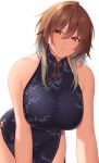  1girl aketa_mikoto blush breasts brown_hair china_dress chinese_clothes dress floral_print gradient_hair highres idolmaster idolmaster_shiny_colors kirou_(kiruyuu1210) large_breasts leaning_forward looking_at_viewer multicolored_hair side_slit simple_background solo white_background 