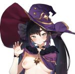  1girl asymmetrical_bangs bangs black_choker black_hair blush breasts cape choker claw_pose closed_mouth commentary english_commentary frown fur-trimmed_cape fur_trim gebijiade_89 genshin_impact gold_trim green_eyes hair_between_eyes hat long_hair looking_at_viewer medium_breasts mona_(genshin_impact) nipples one_breast_out purple_cape purple_hair purple_headwear ribbon simple_background solo star_(symbol) star_choker twintails upper_body white_background witch_hat wrist_ribbon 