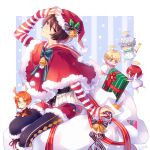  5boys angel angel_wings antlers arm_up artist_name bangs bell black_corset black_hair black_pantyhose black_ribbon blonde_hair blue_background blue_eyes border bow bowtie box buttons candy candy_cane capelet christmas closed_mouth commentary_request corset deer_tail ensemble_stars! food fur-trimmed_capelet fur-trimmed_headwear fur-trimmed_shorts fur_trim gift gift_box green_bow green_bowtie green_eyes grey_hair hair_between_eyes halo hat hat_ornament holding holding_paper holly kina_(446964) knights_(ensemble_stars!) leaf long_sleeves looking_at_viewer male_focus miniboy multiple_boys narukami_arashi neck_bell open_mouth orange_hair outside_border pantyhose paper parted_bangs parted_lips pom_pom_(clothes) purple_eyes red_capelet red_eyes red_hair red_headwear red_shorts reindeer_antlers ribbon sack sakuma_ritsu santa_costume santa_hat sena_izumi_(ensemble_stars!) short_hair shorts sidelocks simple_background sitting sleeves_past_wrists smile striped striped_background suou_tsukasa swept_bangs tail tsukinaga_leo v-shaped_eyebrows white_border white_wings wings 