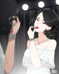  1girl applying_makeup bare_shoulders black_hair blurry blurry_foreground bracelet breasts cleavage dress earrings jewelry lights lipstick makeup medium_breasts mirror mole mole_under_eye necklace original pearl_necklace r3dfive red_lips red_lipstick_tube short_hair solo watermark white_dress 