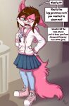  angry anthro black_nose bottomwear braces brown_hair canid canine canis clothed clothing dialogue english_text eyewear female flat_chested footwear fuf fur glasses green_eyes hair hi_res hoodie mammal pink_body pink_fur shoes skirt solo text topwear wolf 