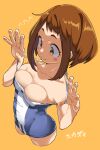  1girl boku_no_hero_academia breast_press breasts brown_eyes brown_hair closed_mouth clothes_pull highres medium_breasts one-piece_swimsuit short_hair sidelocks simple_background skindentation solo swimsuit uraraka_ochako white_background yuuzii 