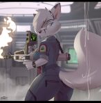  2023 absurd_res anthro artist_name black_border blue_eyes border canid canine digital_media_(artwork) female fire flamethrower fox hair hair_over_eye hi_res hinget inside looking_back mammal one_eye_obstructed ranged_weapon solo weapon widescreen 