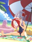  1girl anklet bad_id bad_pixiv_id ball bare_legs barefoot beach_towel beach_umbrella beachball blowing blue_eyes blue_one-piece_swimsuit blush breasts cameltoe cloud covered_navel day dutch_angle feet flower frilled_one-piece_swimsuit full_body girls&#039;_frontline grey_hair hair_between_eyes hair_flower hair_ornament hibiscus high_ponytail highres holding holding_ball holding_beachball inflating innertube jewelry legs lens_flare long_hair mini_flag ocean one-piece_swimsuit one_eye_closed outdoors pink_innertube ponytail ribeyrolles_(girls&#039;_frontline) sand side_slit sidelocks sitting sizque sky small_breasts soles solo spread_legs spread_toes swimsuit toes towel transparent umbrella water wavy_hair 