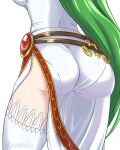 1girl artist_name ass ass_focus backboob belt breasts canadiananiguy chiton dress green_hair highres kid_icarus kid_icarus_uprising large_breasts long_dress long_hair multiple_belts palutena panties side_slit single_thighhigh solo strapless strapless_dress thighhighs twitter_username underwear very_long_hair white_background white_dress white_panties white_thighhighs 