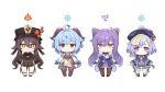  4girls ahoge beads bell blue_hair bodystocking braid brown_eyes brown_hair brown_headwear brown_jacket brown_shorts chibi closed_mouth coin_hair_ornament commentary_request cone_hair_bun cowbell double_bun dress flower-shaped_pupils flower_knot french_braid ganyu_(genshin_impact) genshin_impact hair_between_eyes hair_bun hair_ornament half-closed_eyes hat horns hu_tao_(genshin_impact) jacket jiangshi keqing_(genshin_impact) long_hair long_sleeves minoa_(lastswallow) multiple_girls neck_bell pink_eyes porkpie_hat prayer_beads purple_eyes purple_hair purple_headwear qing_guanmao qiqi_(genshin_impact) red_eyes short_shorts shorts simple_background smile standing straight-on symbol-shaped_pupils tassel twintails white_background 
