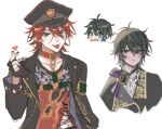  2boys amagi_rinne black_hair black_jacket blue_eyes ensemble_stars! hat heart heart_hands heterochromia highres jacket kagehira_mika long_sleeves looking_at_viewer male_focus multiple_boys red_hair short_hair sketch smile sushi_171 tongue tongue_out white_background yellow_eyes 