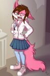  anthro black_nose bottomwear braces brown_hair canid canine canis clothed clothing eyewear female flat_chested footwear fuf fur glasses green_eyes hair hi_res hoodie mammal pink_body pink_fur shoes skirt solo topwear wolf 
