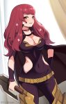  1girl :d absurdres belt black_cape breasts cape choker commentary covered_navel cowboy_shot facial_mark fire_emblem fire_emblem_engage hair_ornament highres holding holding_weapon large_breasts long_hair looking_at_viewer namu_(112namu) open_mouth purple_choker red_eyes red_hair reverse_grip smile solo standing star_(symbol) star_hair_ornament thighs weapon yunaka_(fire_emblem) 