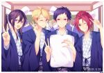  6+boys :d ahoge artist_name bangs bangs_pinned_back blonde_hair blue_jacket blurry blurry_background border character_request closed_mouth commentary_request dated ensemble_stars! fushimi_yuzuru green_eyes grin hair_between_eyes hair_ribbon hand_up hands_up haori holding holding_pillow indoors isara_mao jacket japanese_clothes kanzaki_souma kimono kina_(446964) long_hair long_sleeves looking_at_viewer male_focus mole mole_under_eye multiple_boys narukami_arashi obi one_eye_closed open_clothes open_jacket open_mouth parted_bangs pillow pillow_fight ponytail print_kimono purple_eyes purple_hair red_hair ribbon sash short_hair sidelocks smile swept_bangs sword teeth upper_body v v-shaped_eyebrows weapon white_border white_kimono white_ribbon wide_sleeves 