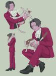  1boy 23011620x ace_attorney animal animal_on_lap animal_on_shoulder ascot black_footwear black_vest cat collared_shirt formal full_body grey_hair hair_intakes highres holding holding_animal holding_cat jacket long_sleeves male_focus miles_edgeworth on_lap open_mouth pants red_jacket red_pants red_suit shirt shoes short_hair simple_background sitting suit sweatdrop vest white_shirt 