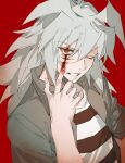  1boy alternate_eye_color bangs blood blood_on_hands fingernails grey_hair highres long_hair male_focus one_eye_closed open_clothes open_shirt parted_lips red_background red_eyes scar shirt short_sleeves solo spiked_hair striped striped_shirt teeth xing_20 yami_bakura yu-gi-oh! yu-gi-oh!_duel_monsters 