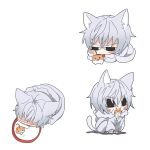  1boy 1girl accelerator_(toaru_majutsu_no_index) albino alternate_eye_color ambiguous_gender animal_ears black_eyes bowl cat_ears cat_tail chibi dilated_pupils drinking facial_mark fur-trimmed_jacket fur_trim furry hamster jacket kemonomimi_mode last_order_(toaru_majutsu_no_index) licking licking_another&#039;s_face milk multiple_views pants pepo_peropero pet_bowl shadow short_hair sitting tail toaru_majutsu_no_index whisker_markings whiskers white_background white_hair white_jacket white_pants 