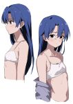 1girl blue_hair flat_chest hair_between_eyes highres idolmaster idolmaster_(classic) kisaragi_chihaya light_frown long_hair looking_at_viewer midriff multiple_views off_shoulder rauto solo sports_bra white_background 