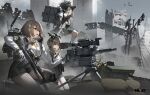  3girls aiming ammunition_belt ammunition_box assault_rifle binoculars bird character_name cityscape girls&#039;_frontline grenade_launcher gun highres holding holding_binoculars holding_gun holding_weapon laser_sight magazine_(weapon) mk_47_(girls&#039;_frontline) mk_47_striker multiple_girls official_art radio radio_antenna rifle ruins sandbag scope tactical_clothes trigger_discipline tripod weapon 